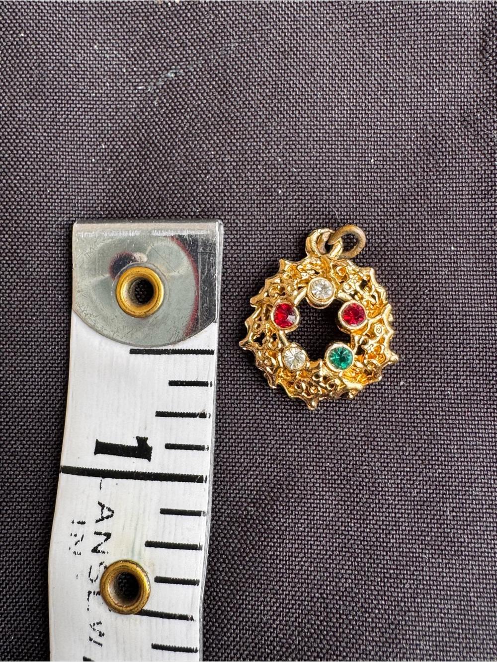 Gold Tone Holiday Wreath Pendant with Red, Green and Clear Stones - Picture 3 of 3